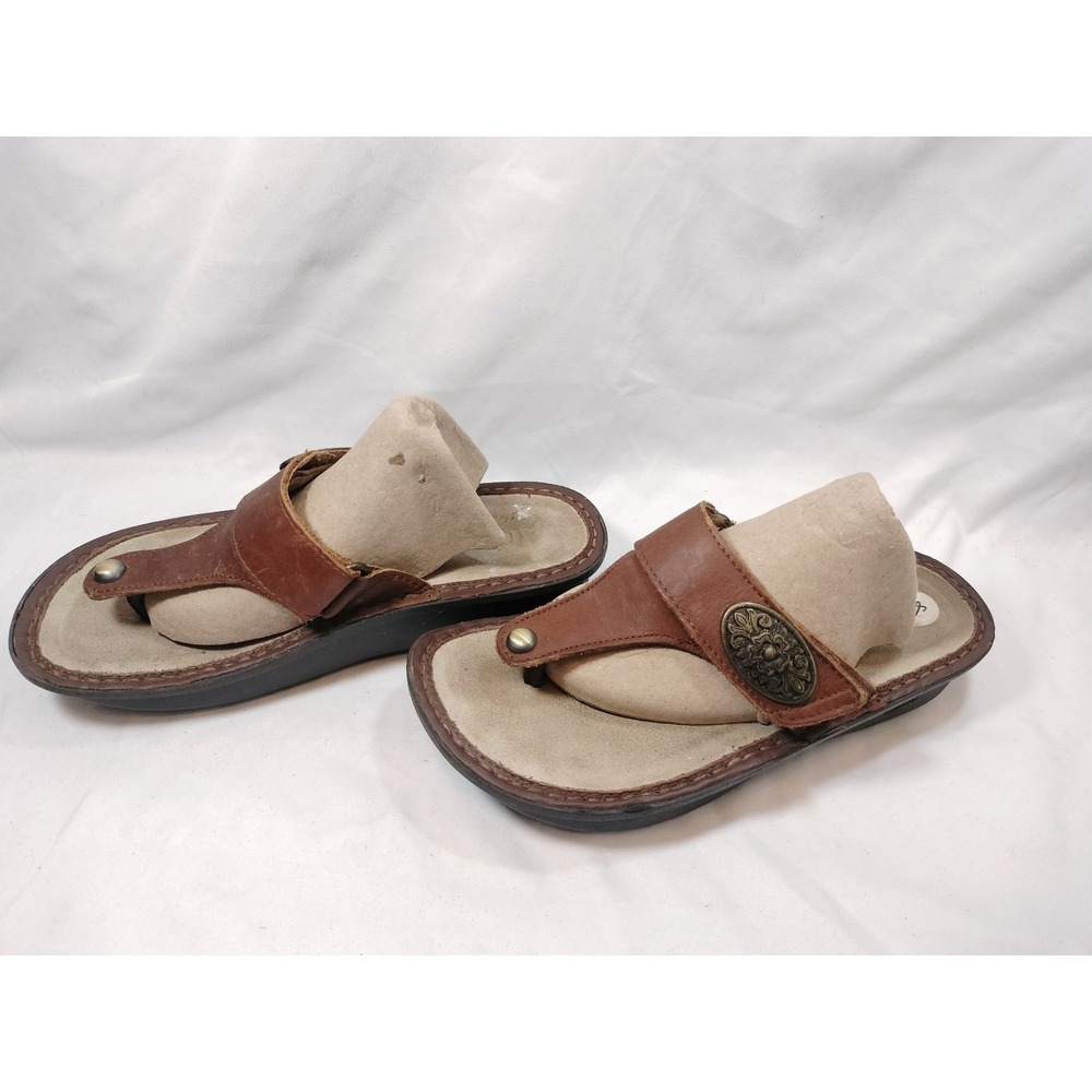 Alegria Carina Brown Leather Thong Medallion Comfort Sandals